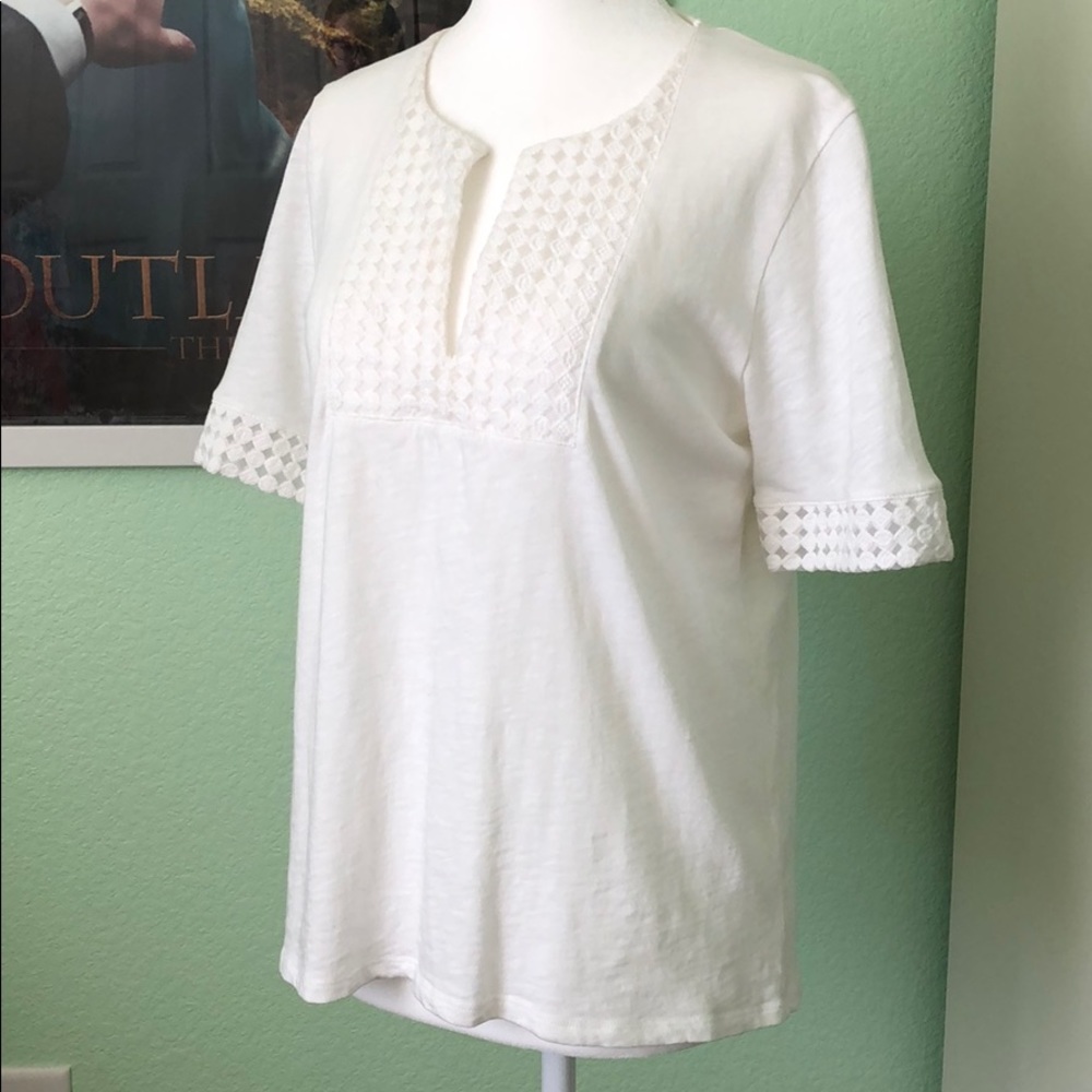 J. Crew White V-Neck Embroidered Tee